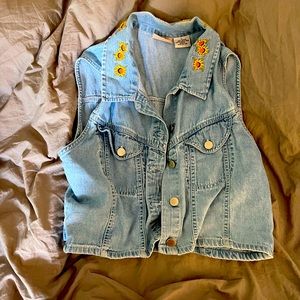 Sleeveless denim top, thick material, looser fit not very tight. Slightly copped